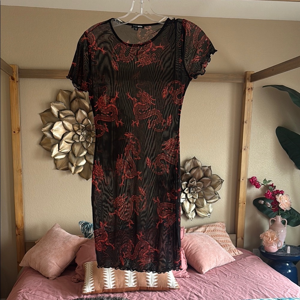 Sheer Black Dress with Red Dragon Print